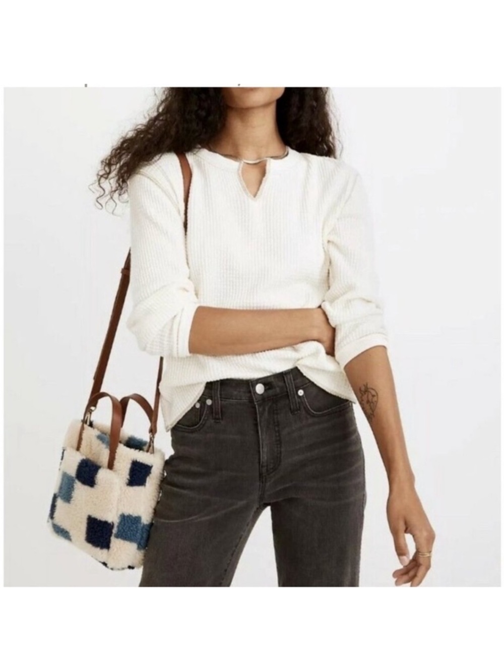 Madewell Waffle Split-Neck Crop Tee Long Sleeve Antique Cream Knit Cotton Blend